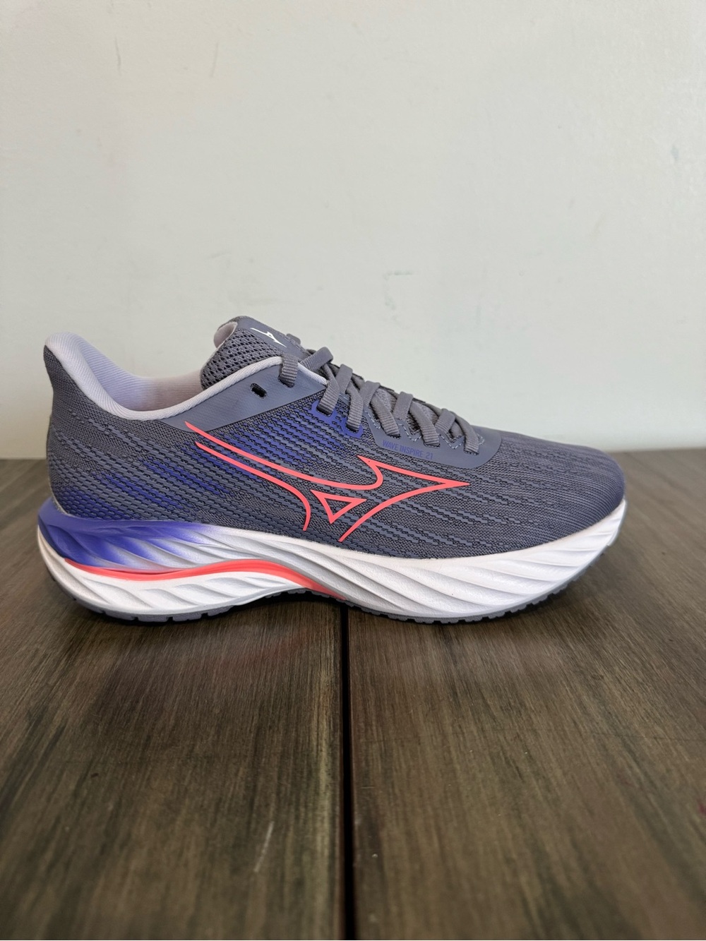 Mizuno Gray Running Shoe with Pink and Blue Accents